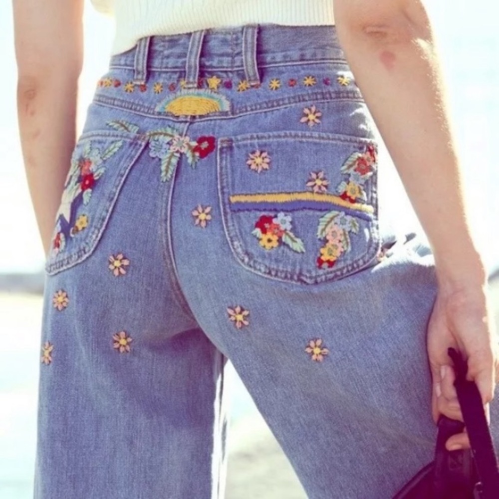 Free People Embroidered Wide Leg Flare Jeans
